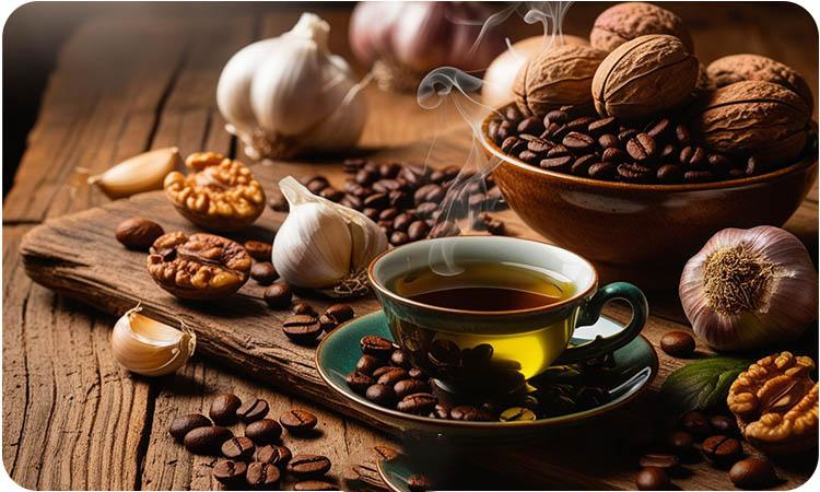 تصویر تعدادی از مواد غذایی همچون گردو، سیر قهوه و چای سبز که برای افراد مبتلا به کبد چرب مناسب است.